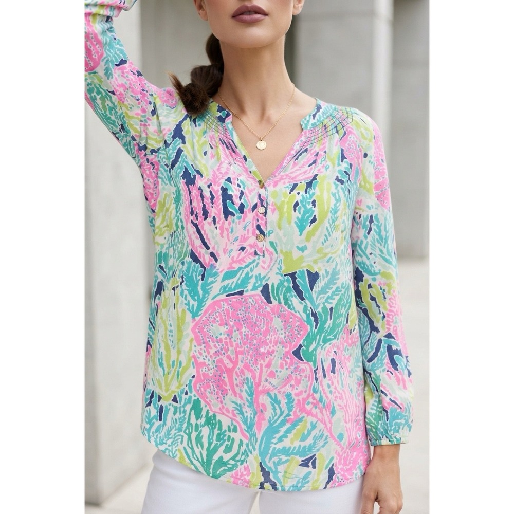 Lilly Pulitzer Elsa Silk Pullover Blouse Resort Preppy Coastal Chic